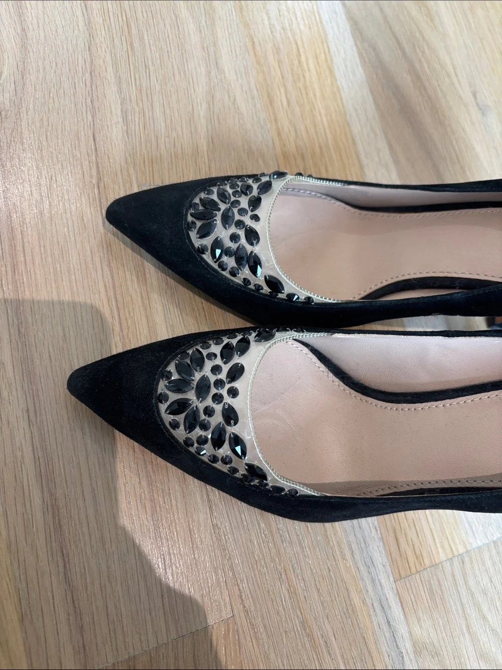 Tory Burch Black Suede Pointed Toe Pumps with Silver Jeweled Cap